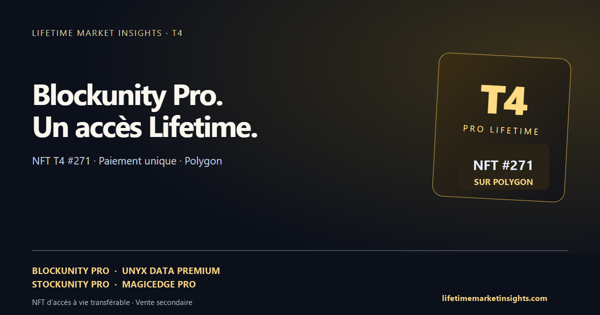 Bannière du NFT Blockunity T4 Lifetime présentant Blockunity Pro, Unyx Data, Stockunity et MagicEdge